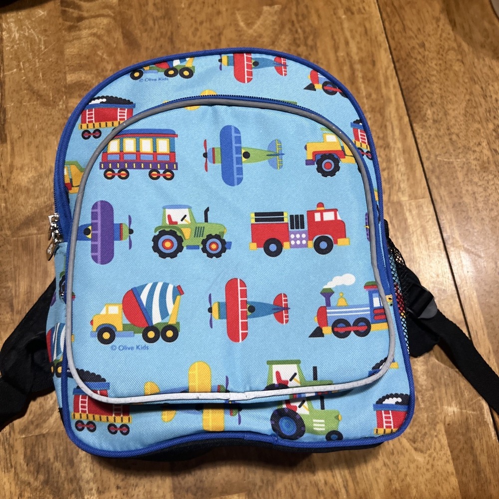 Wildkin Olive Kids 12" Backpack Blue Trains Planes Trucks Daycare School Bag